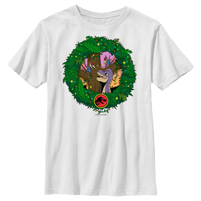 fifth sun Boy's Jurassic World Dinosaur Christmas Wreath T-Shirt