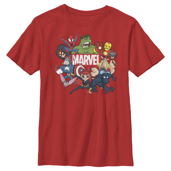 fifth sun Boy's Marvel Brick Logo Character Pile T-Shirt