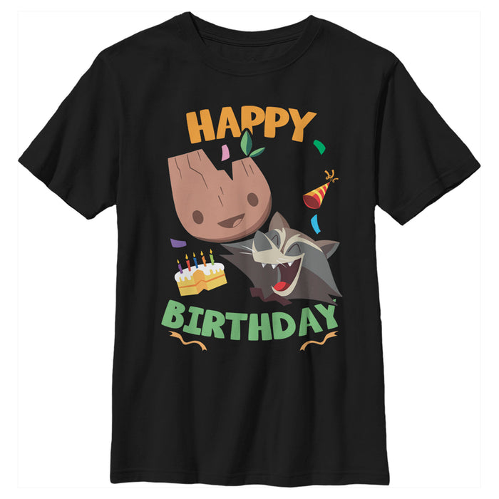 fifth sun Boy's Marvel Groot & Rocket Birthday Cake T-Shirt
