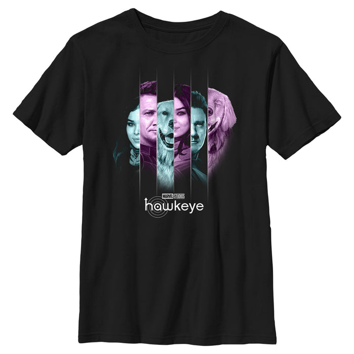 fifth sun Boy's Marvel Hawkeye Kate Bishop and Lucky the Pizza Dog Split Panels T-Shirt