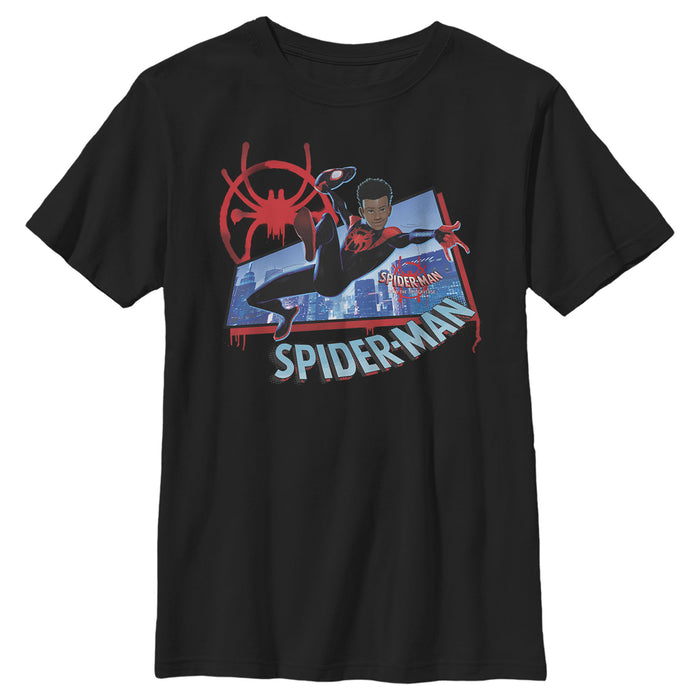 fifth sun Boy's Marvel Spider-Man: Into the Spider-Verse Miles Kick Above City T-Shirt