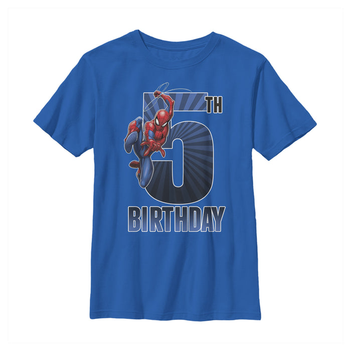 fifth sun Boy's Marvel Spider-Man Swinging 5th Birthday T-Shirt