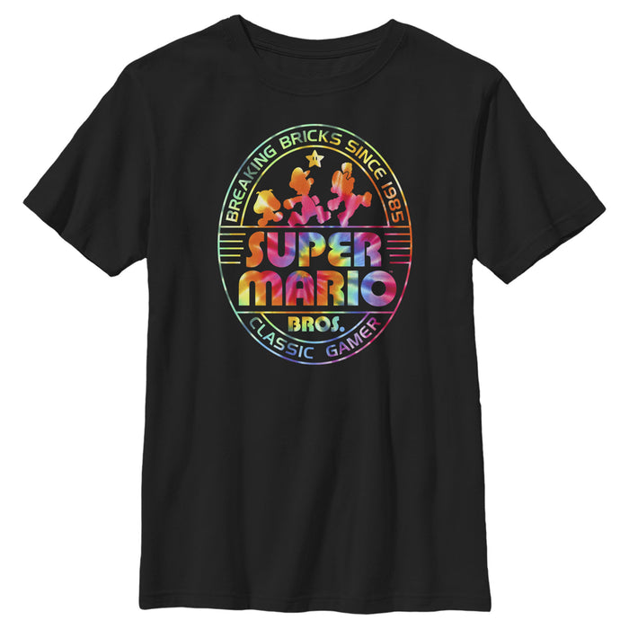 fifth sun Boy's Nintendo Super Mario Brick Break 85 Tie-Dye Logo T-Shirt