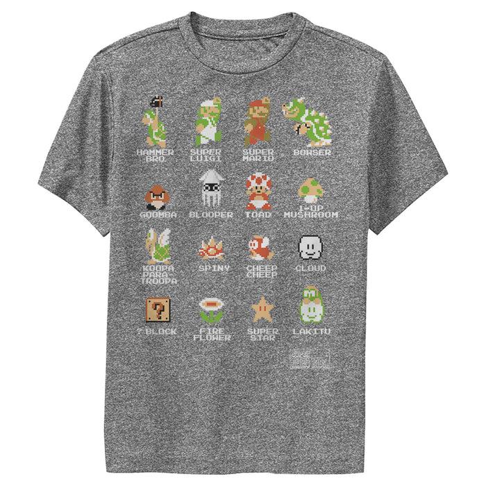 fifth sun Boy's Nintendo Super Mario Bros Pixel Cast with Names Performance Tee