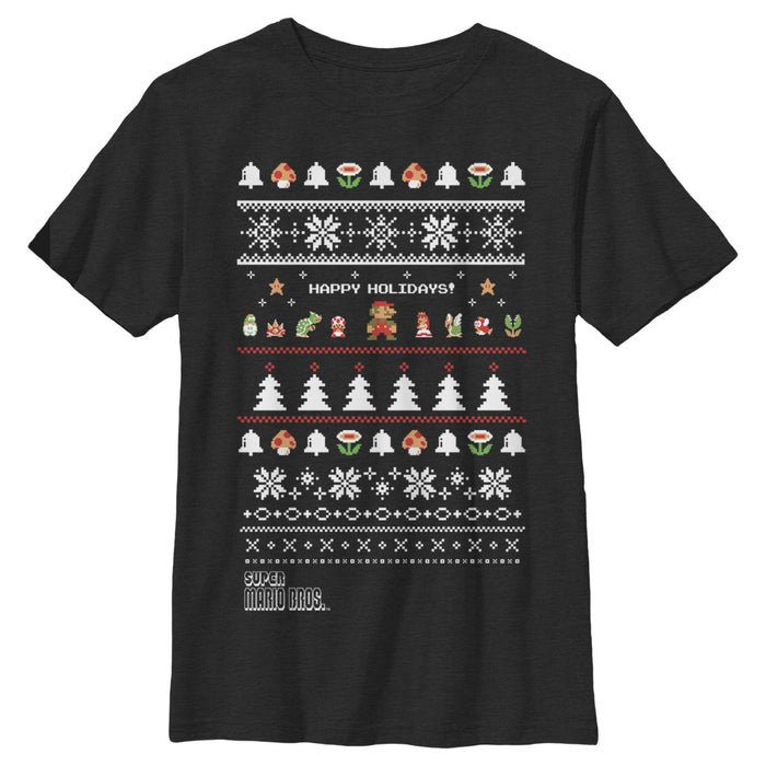 fifth sun Boy's Nintendo Ugly Christmas Super Mario Happy Holidays T-Shirt