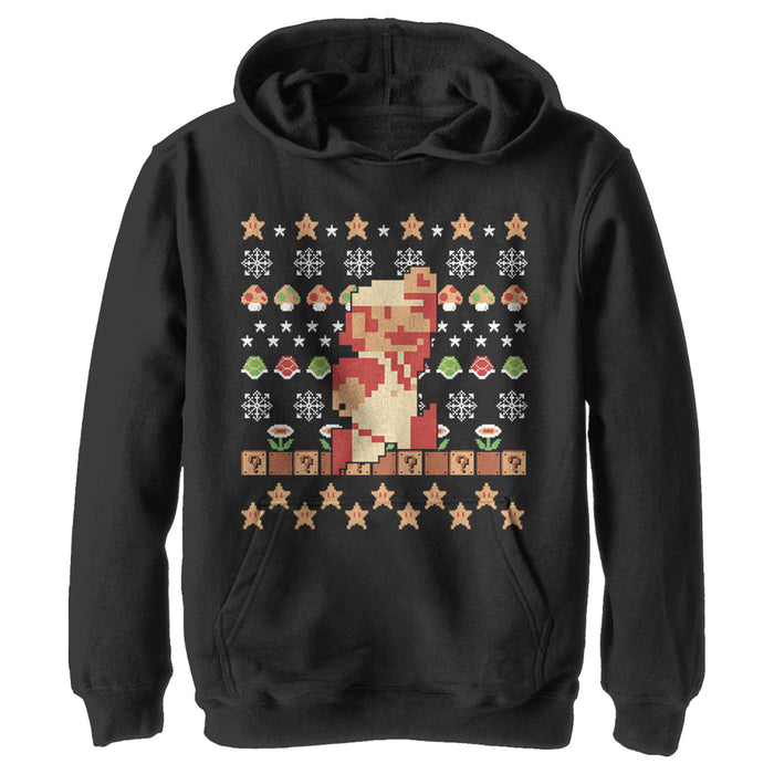 fifth sun Boy's Nintendo Ugly Christmas Super Mario Pixel Pull Over Hoodie