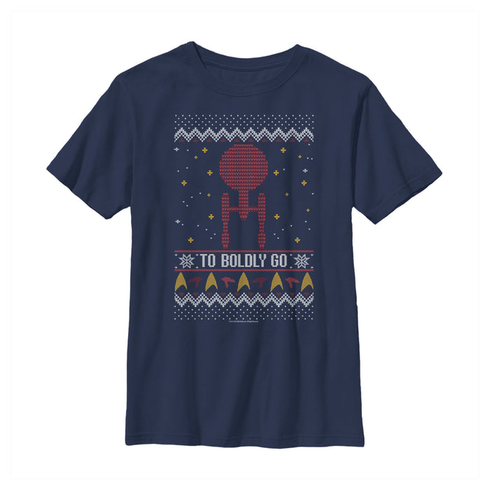 fifth sun Boy's Star Trek Ugly Christmas Enterprise Boldly Go T-Shirt