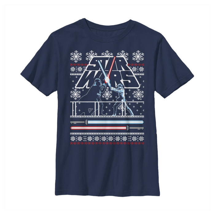 fifth sun Boy's Star Wars Ugly Christmas Light Saber Battle T-Shirt