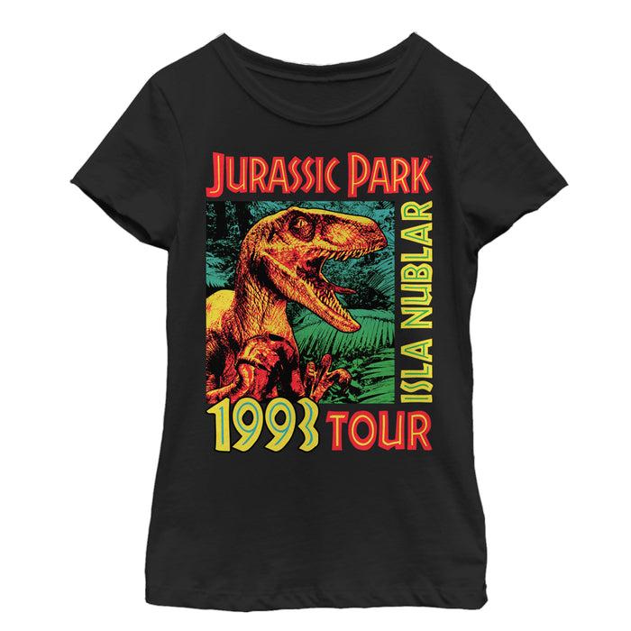 fifth sun Girl's Jurassic Park Isla Nublar 1993 Tour Featuring Velociraptor T-Shirt