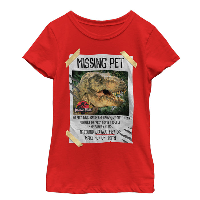 fifth sun Girl's Jurassic Park T. Rex Missing Pet T-Shirt
