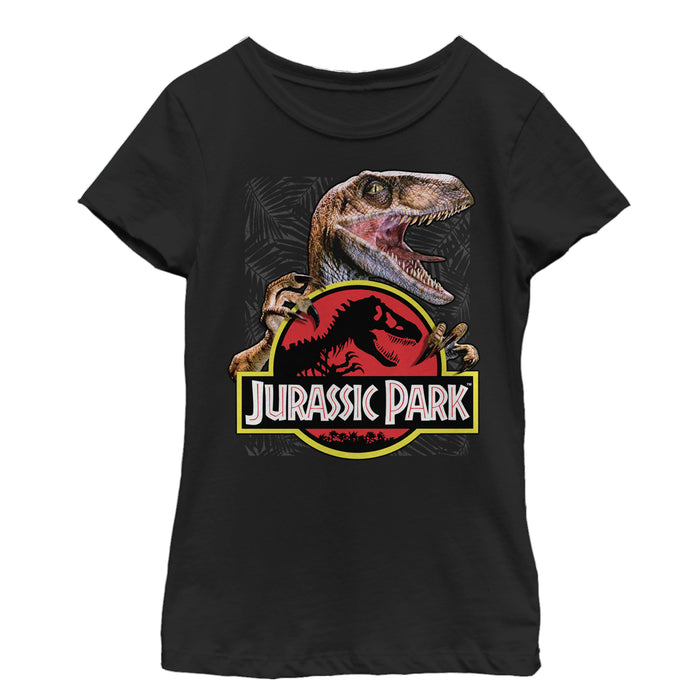 fifth sun Girl's Jurassic Park Velociraptor Hooked On Logo T-Shirt
