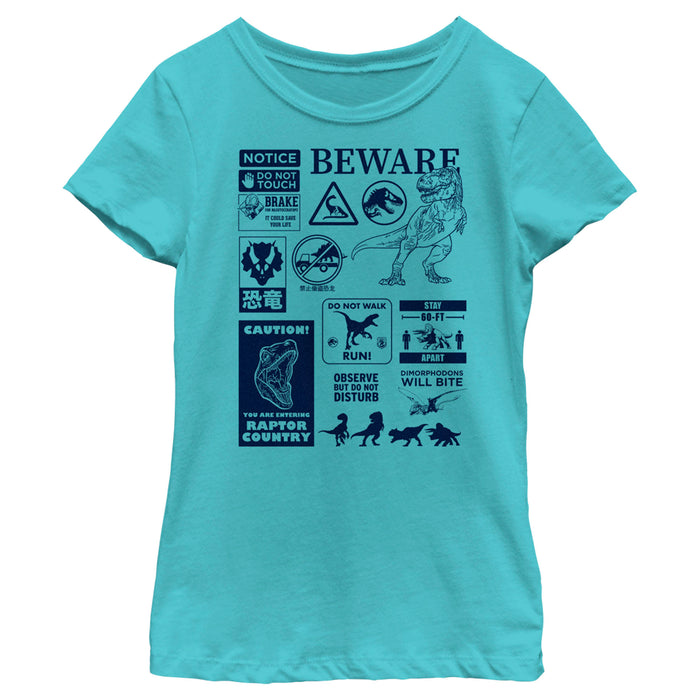 fifth sun Girl's Jurassic World: Dominion Beware Dinosaur Message Collage T-Shirt