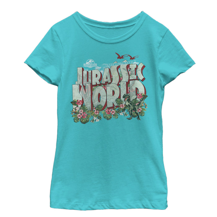 fifth sun Girl's Jurassic World Greetings From Paradise T-Shirt