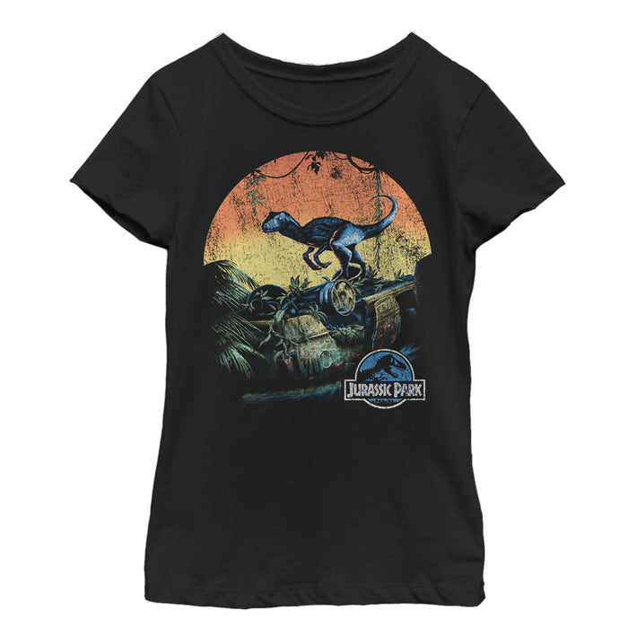 fifth sun Girl's Jurassic World Retro Raptor Sunset T-Shirt