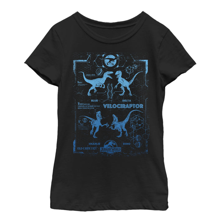 fifth sun Girl's Jurassic World Velociraptor Pack Schematics T-Shirt