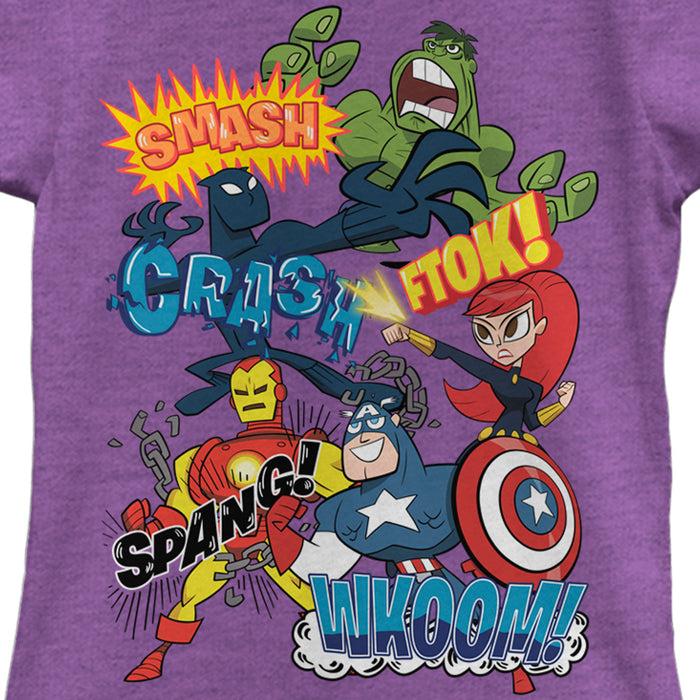 Fifth Sun Girl's Marvel Animated Avengers Sound Effects T-Shirt