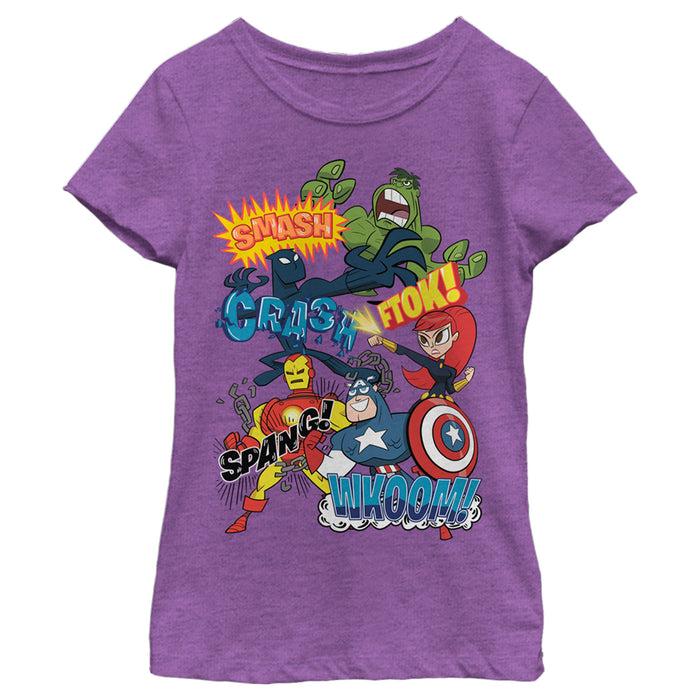 fifth sun Girl's Marvel Animated Avengers Sound Effects T-Shirt