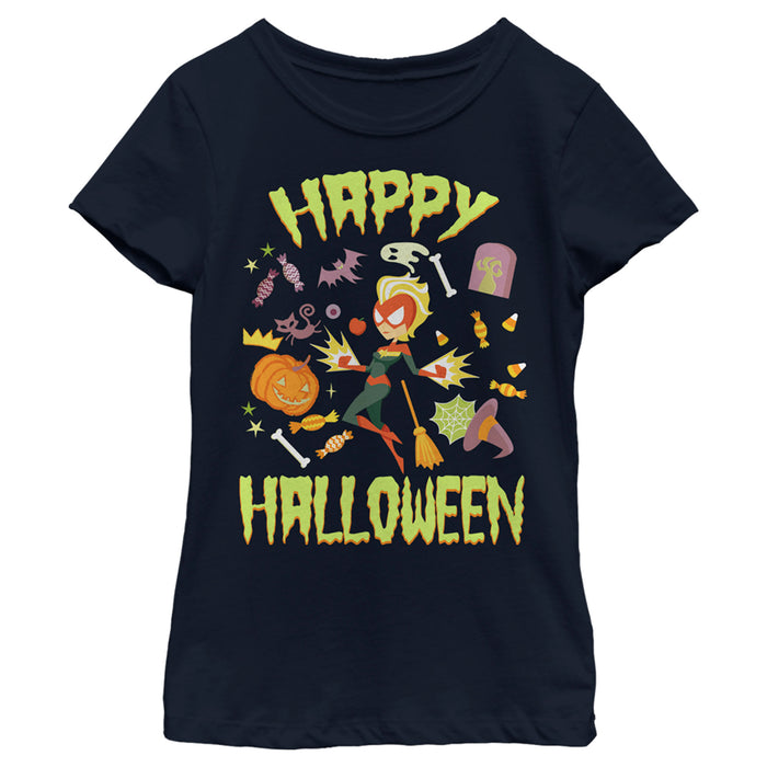 fifth sun Girl's Marvel Animated Captain Marvel Happy Halloween T-Shirt