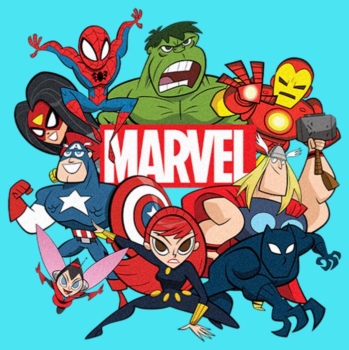 Fifth Sun Girl's Marvel Brick Logo Character Pile T-Shirt