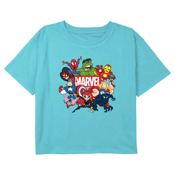 fifth sun Girl's Marvel Brick Logo Character Pile T-Shirt