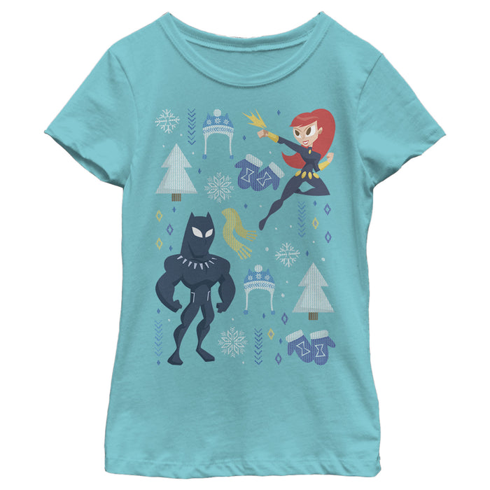 fifth sun Girl's Marvel Christmas Black Widow & Panther T-Shirt