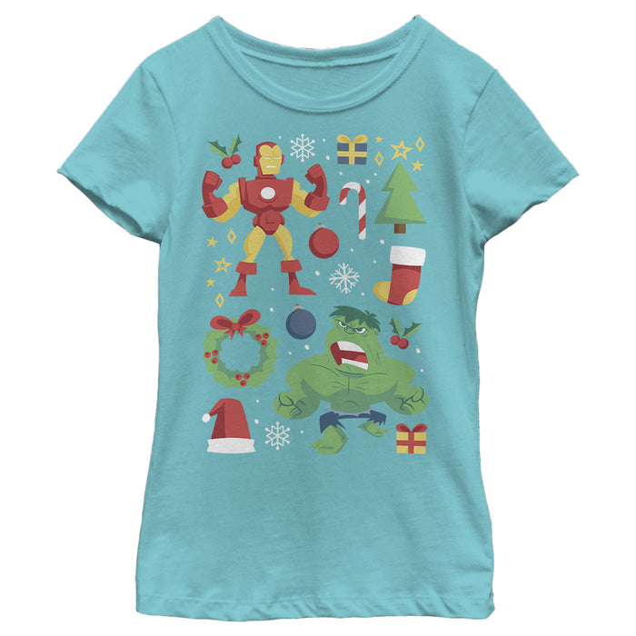fifth sun Girl's Marvel Christmas Iron Man & Hulk Cheer T-Shirt