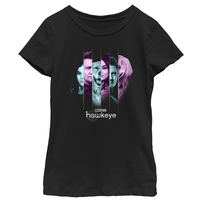 fifth sun Girl's Marvel Hawkeye Kate Bishop and Lucky the Pizza Dog Split Panels T-Shirt