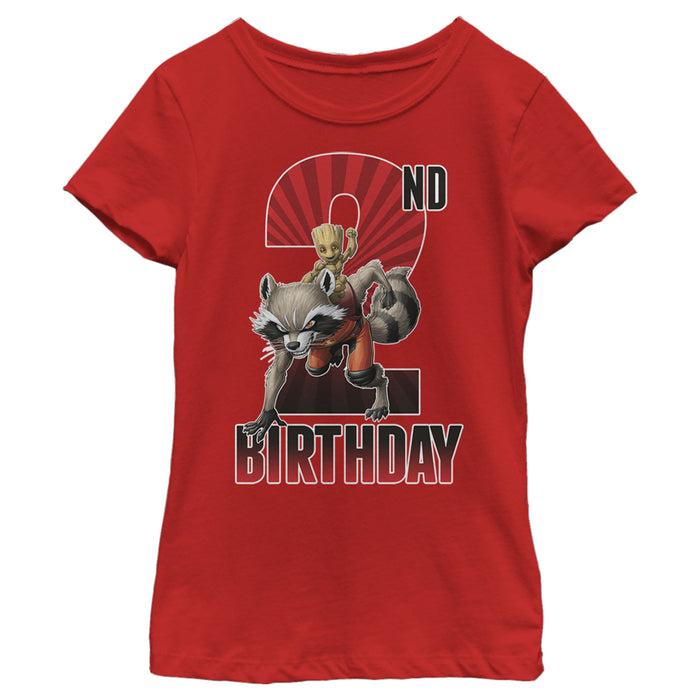 fifth sun Girl's Marvel Rocket and Baby Groot 2nd Birthday T-Shirt