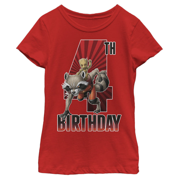 fifth sun Girl's Marvel Rocket and Baby Groot 4th Birthday T-Shirt