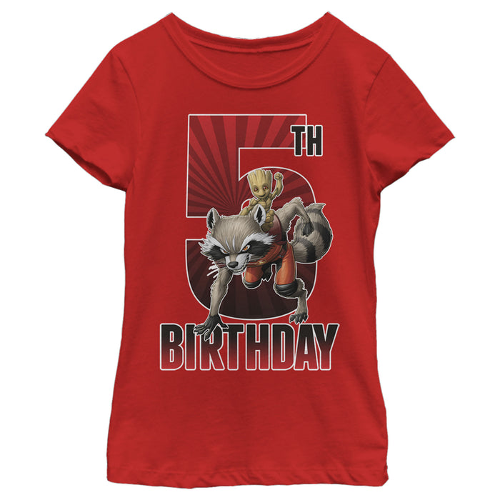 fifth sun Girl's Marvel Rocket and Baby Groot 5th Birthday T-Shirt