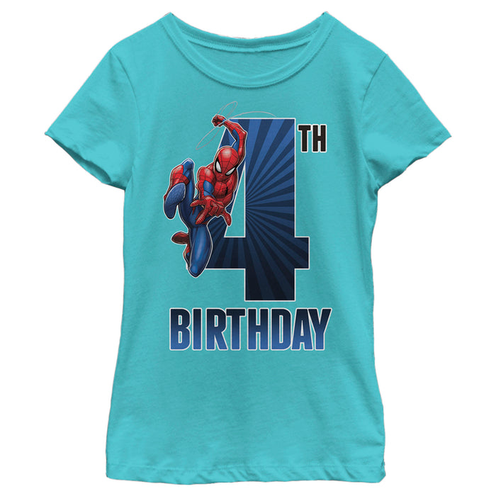 fifth sun Girl's Marvel Spider-Man Swinging 4th Birthday T-Shirt