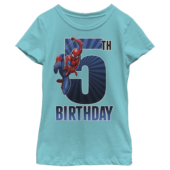 Fifth Sun Girl's Marvel Spider-Man Swinging 5th Birthday T-Shirt
