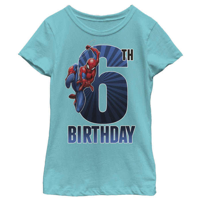 fifth sun Girl's Marvel Spider-Man Swinging 6th Birthday T-Shirt