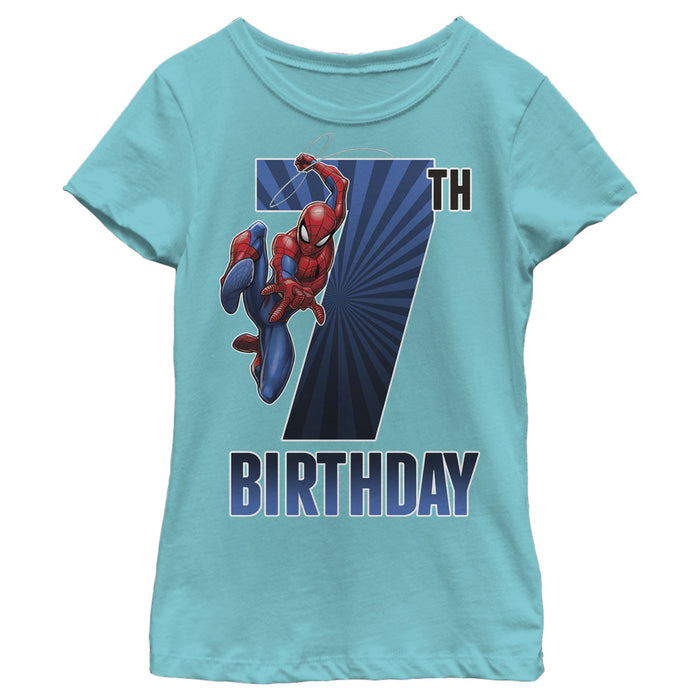 fifth sun Girl's Marvel Spider-Man Swinging 7th Birthday T-Shirt