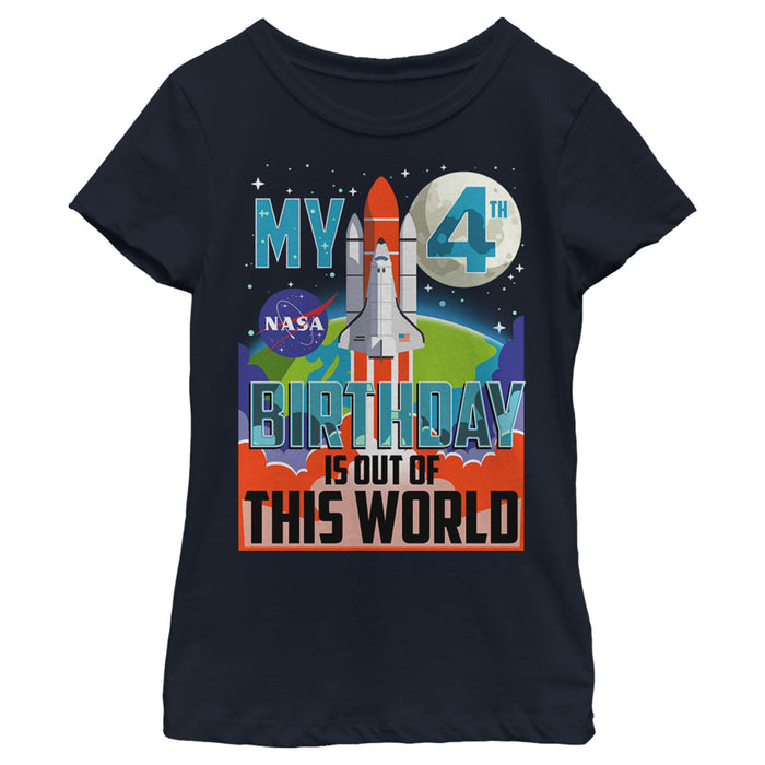 fifth sun Girl's NASA My 4th Birthday Is Out Of The World Poster T-Shirt