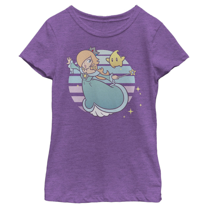 Fifth Sun Girl's Nintendo Super Mario Rosalina And Luma Striped Background Portrait T-Shirt