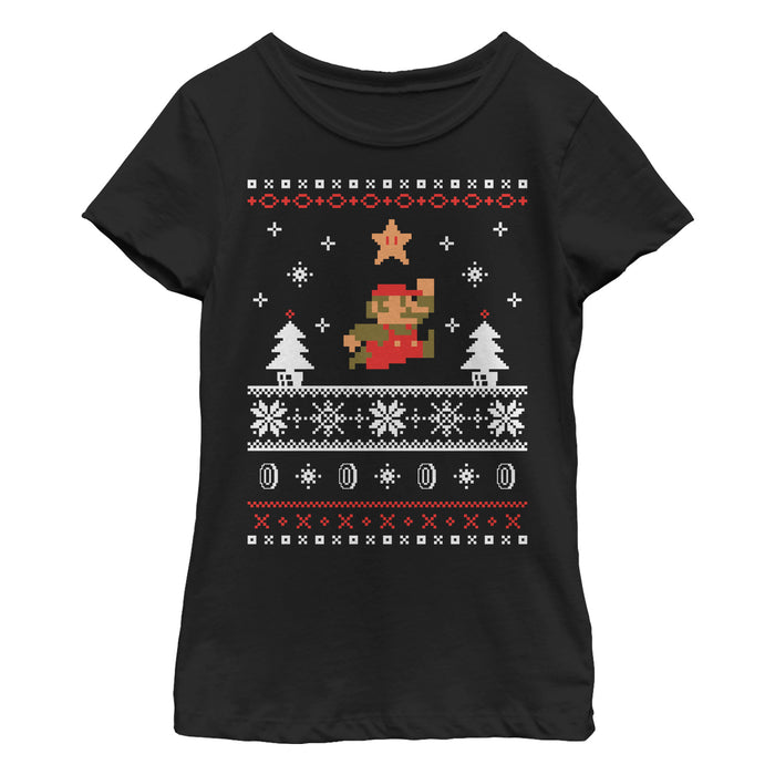 fifth sun Girl's Nintendo Ugly Christmas Mario Jump Star T-Shirt