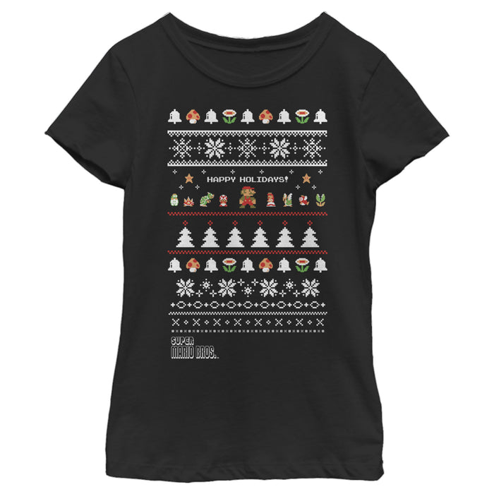 fifth sun Girl's Nintendo Ugly Christmas Super Mario Happy Holidays T-Shirt