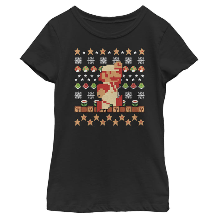 fifth sun Girl's Nintendo Ugly Christmas Super Mario Pixel T-Shirt