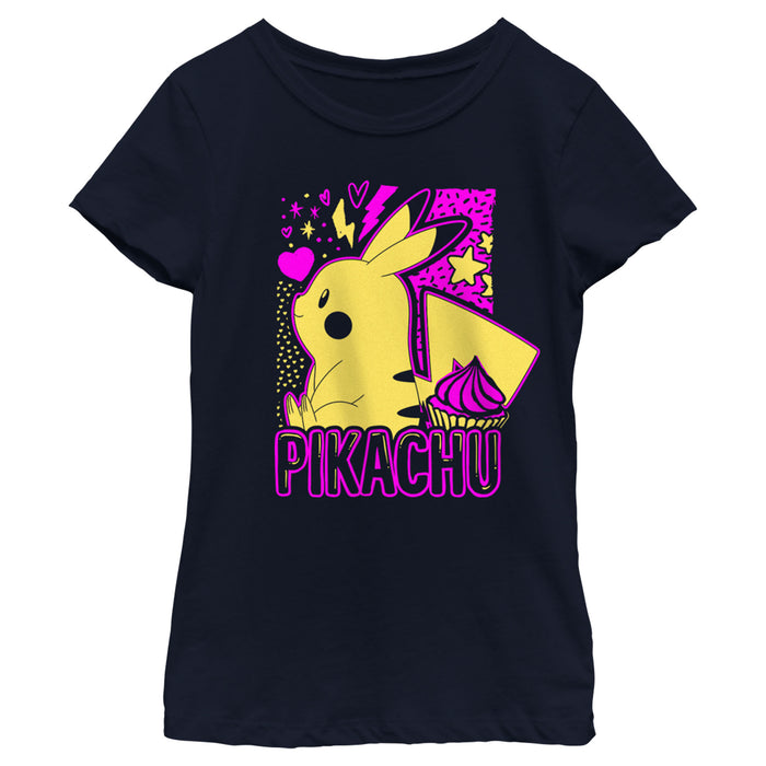 fifth sun Girl's Pokemon Pikachu Sweet Cupcake Neon T-Shirt