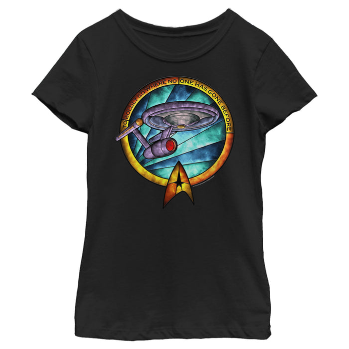 fifth sun Girl's Star Trek USS Enterprise Stained Glass To Boldly Go T-Shirt