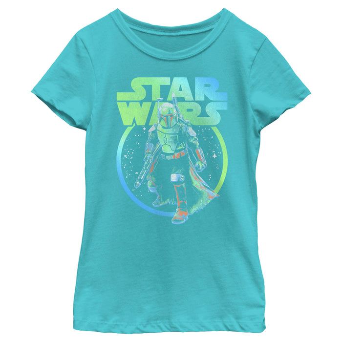 fifth sun Girl's Star Wars: The Book of Boba Fett Blue and Green Distressed Retro Logo T-Shirt
