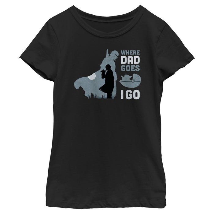 fifth sun Girl's Star Wars: The Mandalorian Grogu and Din Djarin Where Dad Goes I Go T-Shirt