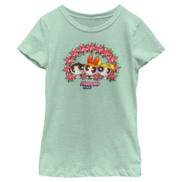 fifth sun Girl's The Powerpuff Girls Christmas Poinsettia Wreath T-Shirt