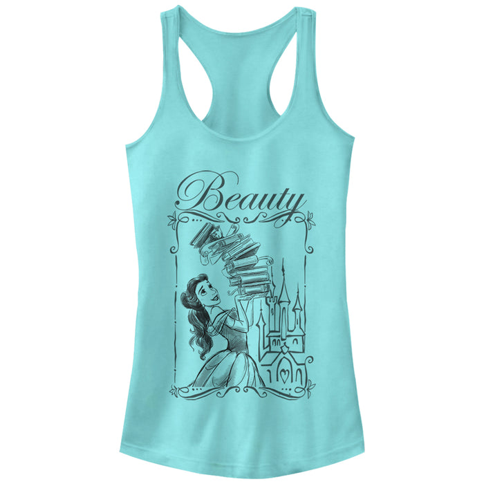 fifth sun Junior's Beauty and the Beast Belle Book Tower Racerback Tank Top