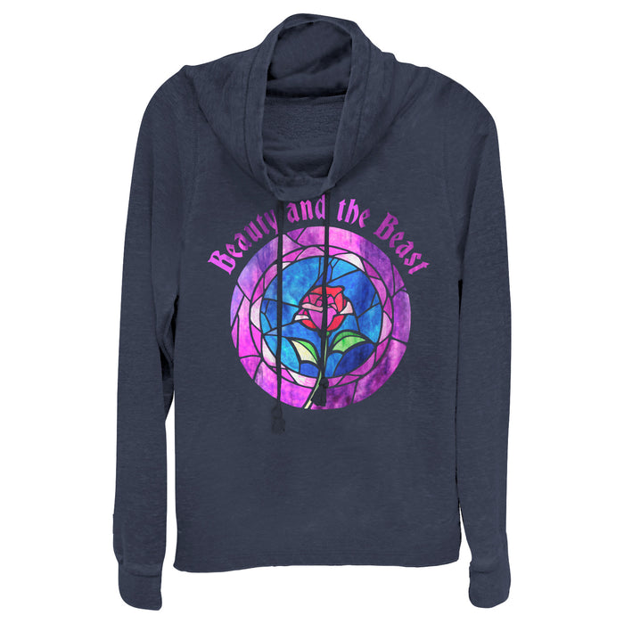 fifth sun Junior's Beauty and the Beast Stained Glass Rose Cowl Neck Sweatshirt