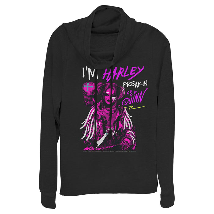 fifth sun Junior's Birds of Prey Harley Freakin' Quinn Cartoon Cowl Neck Sweatshirt