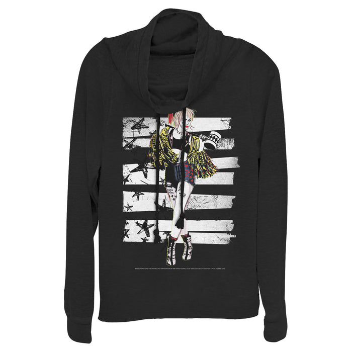 fifth sun Junior's Birds of Prey Harley Quinn Comic Pose Cowl Neck Sweatshirt