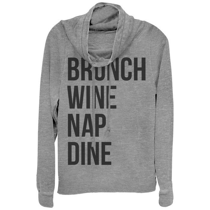 fifth sun Junior's CHIN UP Brunch Wine Nap Dine Cowl Neck Sweatshirt