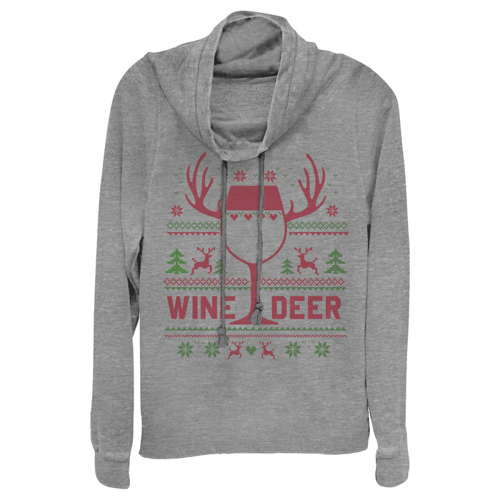 fifth sun Junior's CHIN UP Christmas Wine Deer Cowl Neck Sweatshirt